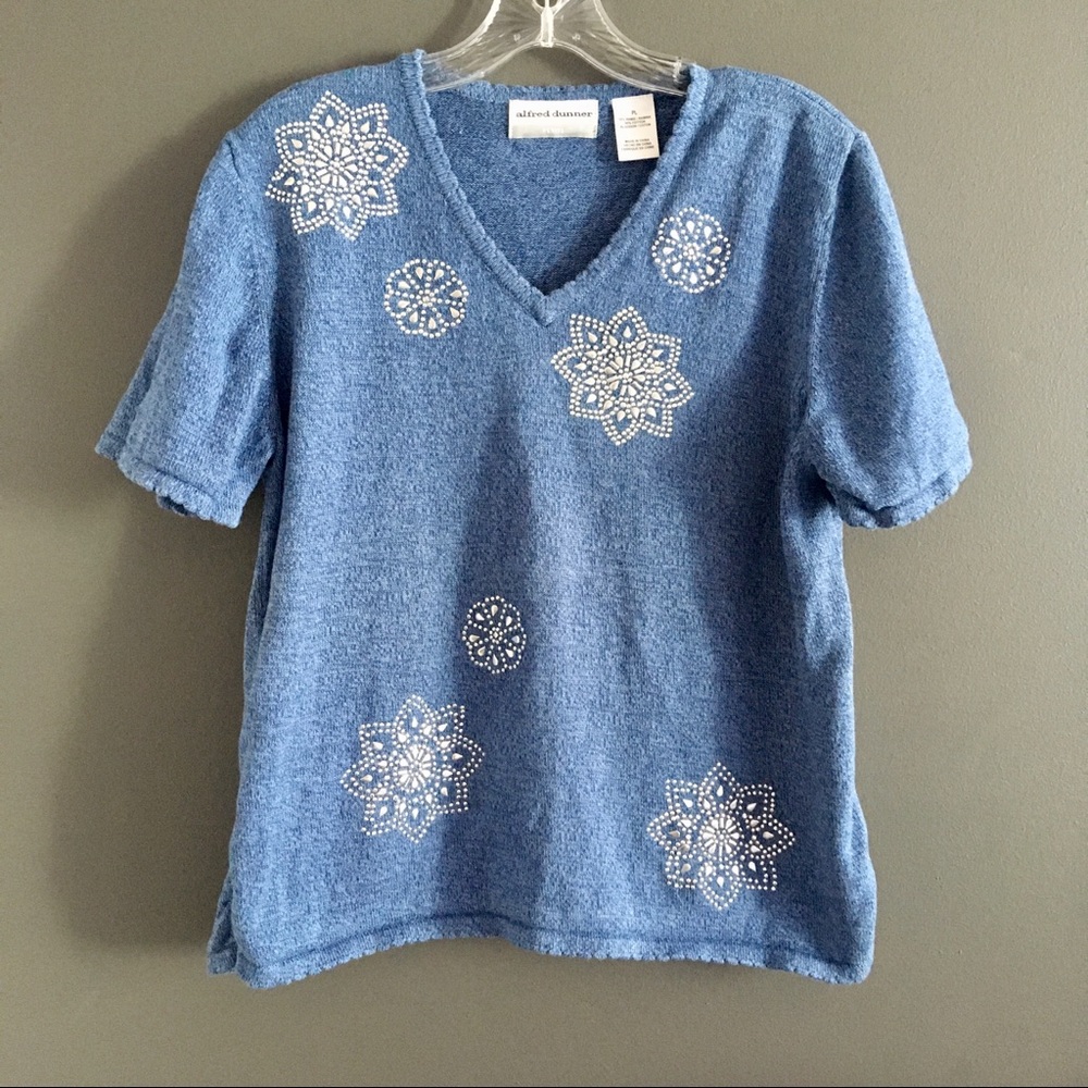 Alfred Dunner Silver Embellished Blue Top Size Petite Large
